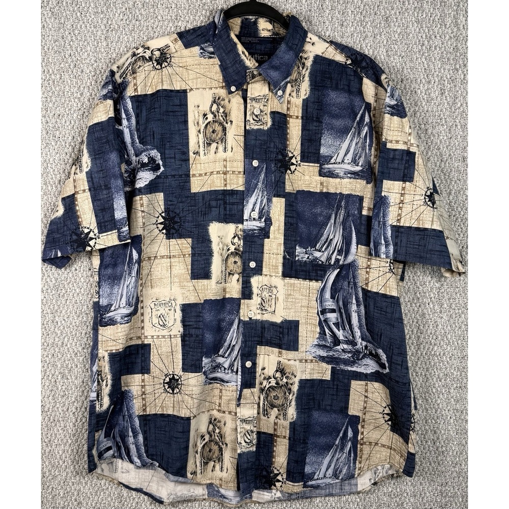 Vintage 90s Nautica‎ Sailing Compass Map Button Shirt Mens L Cotton Nautical